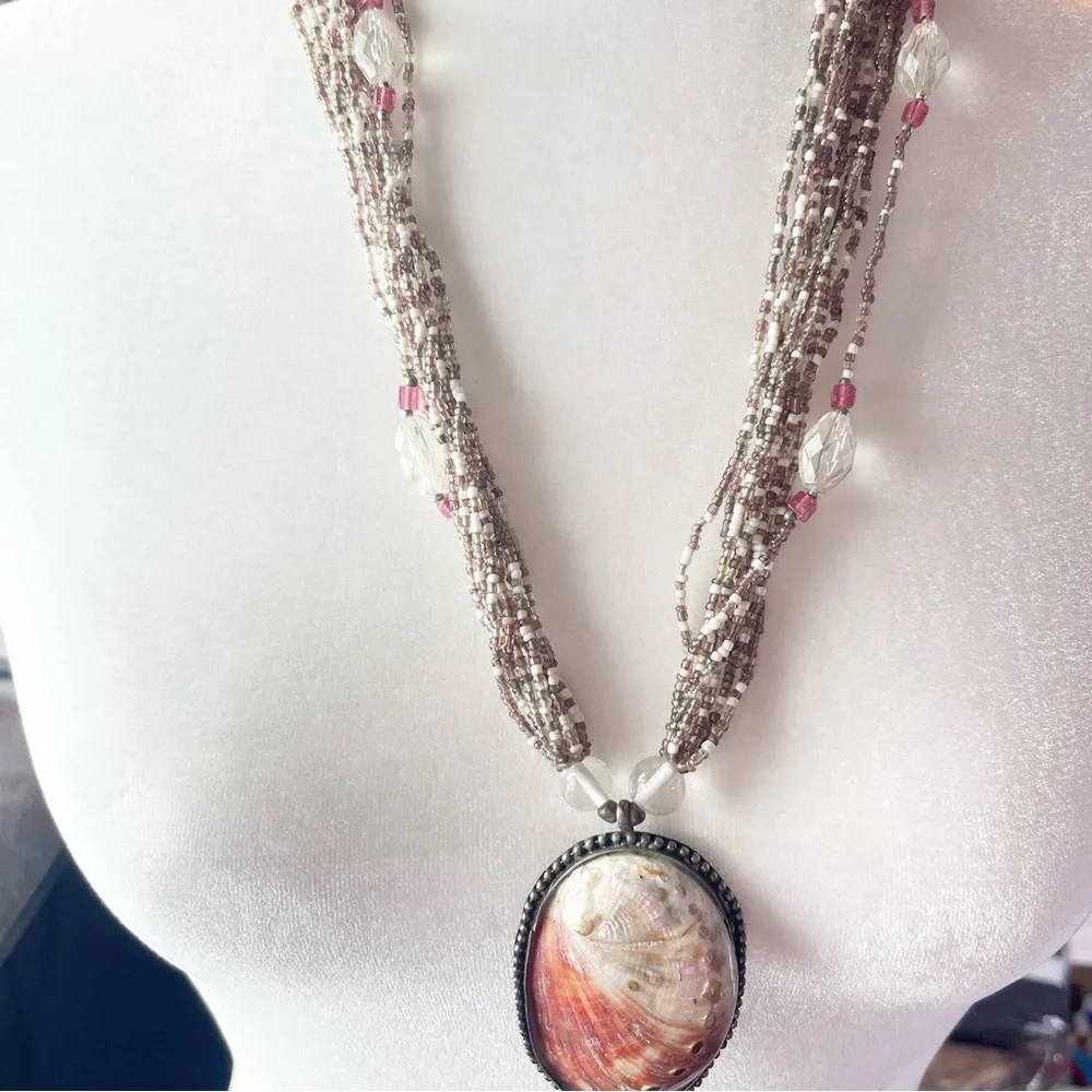 Beautiful 10 Strand Beaded Abalone Silver Tone Pendant Necklace Vintage - Picture 2 of 13